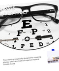 Pro Grade Glasses Repair Kit With Screws And Portable Screwdriver Tool For Eyeglasses And Sunglasses Quick Fixes On The Go Replacement Parts Set For Home Or Office Use, shown with eyeglasses, screwdriver, and screws on eye chart.