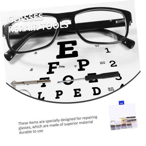 Pro Grade Glasses Repair Kit With Screws And Portable Screwdriver Tool For Eyeglasses And Sunglasses Quick Fixes On The Go Replacement Parts Set For Home Or Office Use, shown with eyeglasses, screwdriver, and screws on eye chart.