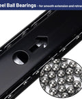 Close-up of steel ball bearings in heavy duty 14 inch keyboard slide with ball bearing rails, rugged black finish, built to last.