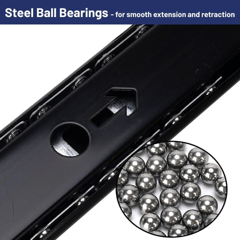 Close-up of steel ball bearings in heavy duty 14 inch keyboard slide with ball bearing rails, rugged black finish, built to last.