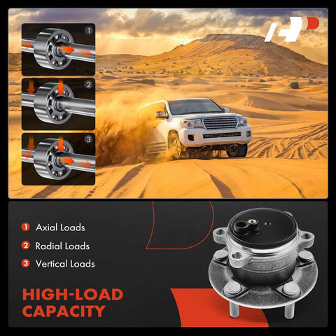 Image of heavy-duty rear wheel bearing and hub assembly for Mazda 3 2014-2018 with high load capacity, emphasizing axial, radial, and vertical loads.