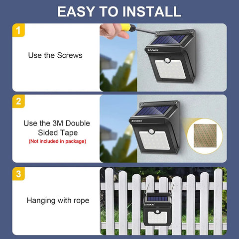 Solar Outdoor Motion Sensor Lights 120 Degree Wide Illumination IP65 Waterproof Wireless Security Lighting Easy Install Methods