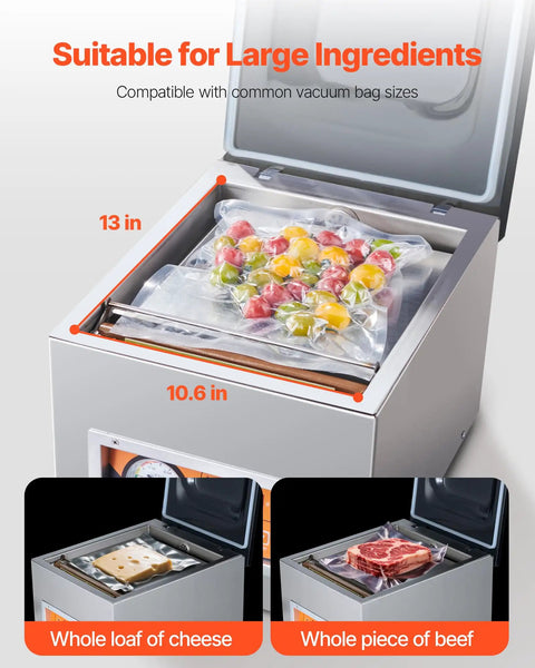 Heavy Duty Chamber Vacuum Sealer Boasts A Snappy 260 Watt Motor Generating Serious Suction To Handle Wet Grub Meats And Sauces Like A Boss While Keeping Your Kitchen Stock Fresh Inside A Compact Design Setup, sealing large ingredients like cheese and beef.