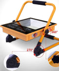 JUDYSSY Led Floodlight 50W Rechargeable Solar Work Light with adjustable stand and solar panel, IP66 waterproof design.