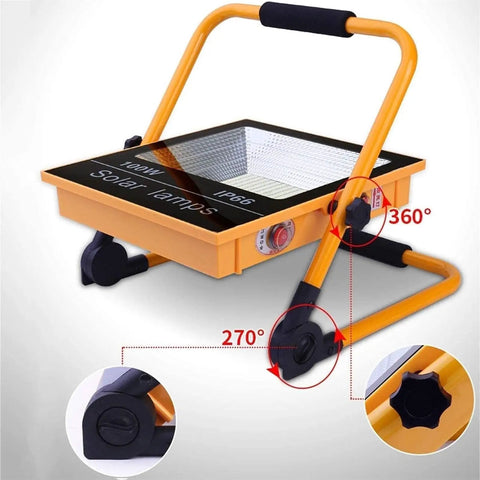 JUDYSSY Led Floodlight 50W Rechargeable Solar Work Light with adjustable stand and solar panel, IP66 waterproof design.