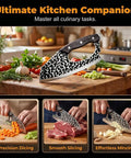 Two Pack Hand Forged Chef Knife And Cleaver Set For Home Cooking And Camping on a wooden kitchen counter with vegetables