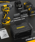 Beater Proof 21V Brushless Cordless Impact Driver Kit Yellow 2655 Inch Pounds Peak Torque with accessories and storage box.