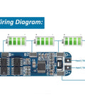 Wiring diagram of No Drama 5 Pack 3S 10A Lithium Battery Management System for 18650 cells, showing connections and input/output points.