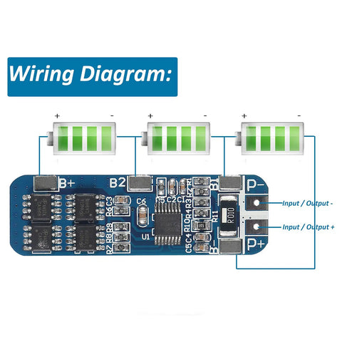 Wiring diagram of No Drama 5 Pack 3S 10A Lithium Battery Management System for 18650 cells, showing connections and input/output points.
