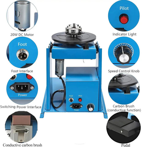 Top Shelf Rotary Welding Positioner With 90 Degree Tilt Table and Smooth 180Mm Turntable Coupled With Built Tough 65Mm Chuck control panel with motor and speed knob.