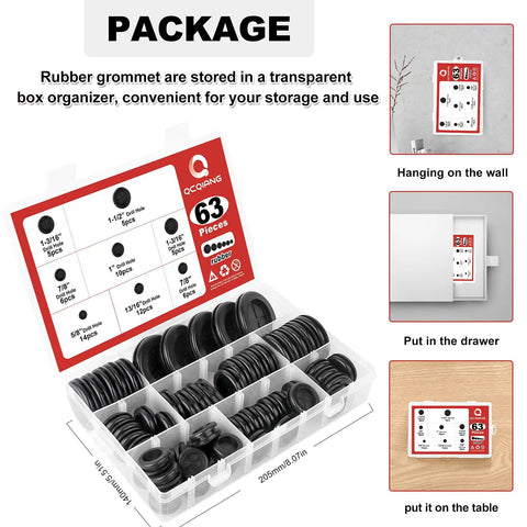 63 Piece Rubber Grommet Kit For Drill Holes And Firewall Wiring Protection with storage box and six sizes visible