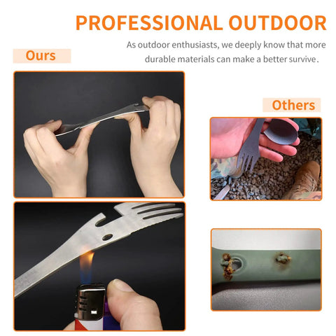 5 In 1 Tactical Spork for Outdoor Adventure Stainless Steel Spoon Fork Knife Can Opener Bottle Opener Combo durability comparison
