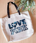 Canvas tote bag with 'LOVE PINK' design made using Blue Glitter Sublimation Transfer Sheets For Tumblers And Tees 12x12 Inches 10 Pack