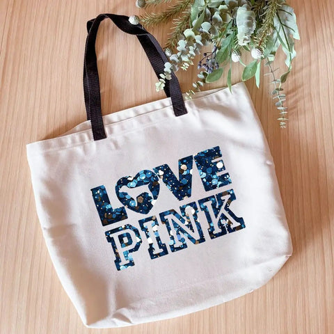 Canvas tote bag with 'LOVE PINK' design made using Blue Glitter Sublimation Transfer Sheets For Tumblers And Tees 12x12 Inches 10 Pack