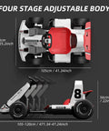 12V Battery Powered Kids Go Kart With Pedals, Dual Motor, Remote Control, adjustable frame dimensions, top and side view.