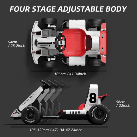 12V Battery Powered Kids Go Kart With Pedals, Dual Motor, Remote Control, adjustable frame dimensions, top and side view.