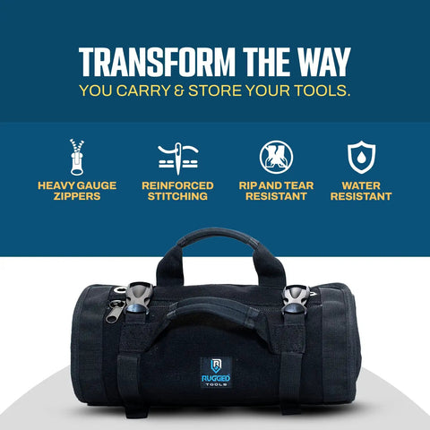 Heavy Duty Tool Roll For Pros With Ultra Durable Water Resistant And Grease Resistant Fabric Reinforced Seams And Massive Storage Bag