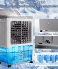 Portable Swamp Cooler With Spacious 30 Liter Water Tank And Two Extra Ice Blocks Delivers No Sweat Cooling Through Evaporative System To Serve Sweet Breeze Along 120 Degree Swing For Patio Hangouts, showcasing large 30L tank and visible water level.