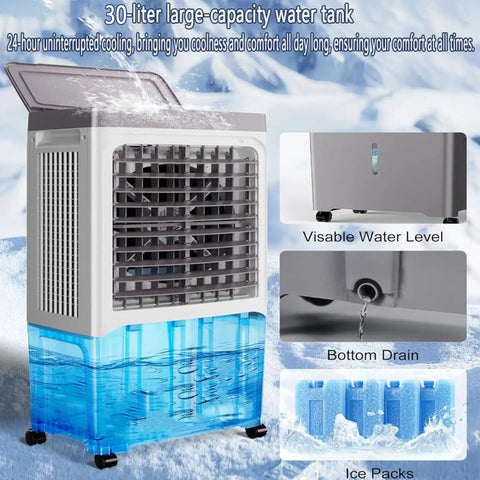 Portable Swamp Cooler With Spacious 30 Liter Water Tank And Two Extra Ice Blocks Delivers No Sweat Cooling Through Evaporative System To Serve Sweet Breeze Along 120 Degree Swing For Patio Hangouts, showcasing large 30L tank and visible water level.
