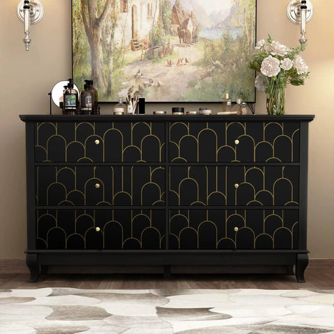 Black and gold geometric design on dresser showing Black And Gold Dope Geometric Peel And Stick Wallpaper For Bedroom Modern Removable Self Adhesive Wall Covering Waterproof Vinyl 17.3 By 118.7 Inches Decorative Peel And Stick Vinyl For Walls Durable Finish Easy Install