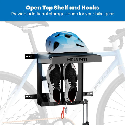 Bike Wall Mount Rack With Shelf And Hooks For Indoor Garage in black finish holding a bike helmet and shoes, showing space-saving design.