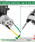 24V Kids Ride On Car Motor Gearbox Upgrade Kit with 40000RPM showing solder-free installation vs soldering iron
