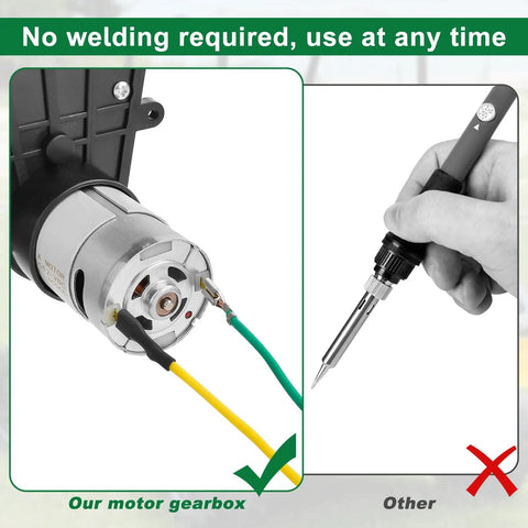 24V Kids Ride On Car Motor Gearbox Upgrade Kit with 40000RPM showing solder-free installation vs soldering iron
