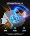 RGBWW LED Video Light With 72Wh Battery And 100W PD Fast Charging showcases cooling fan modes: mute, regular, booster for optimal heat management.