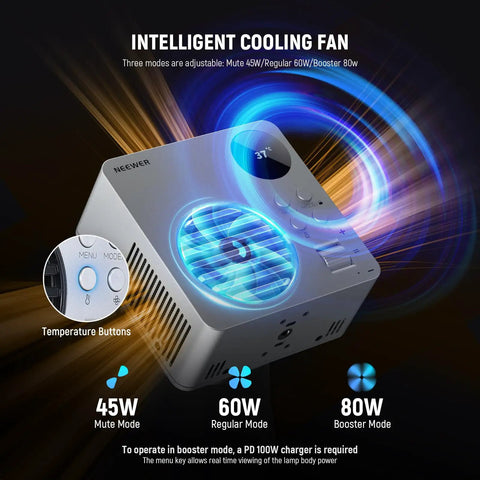 RGBWW LED Video Light With 72Wh Battery And 100W PD Fast Charging showcases cooling fan modes: mute, regular, booster for optimal heat management.