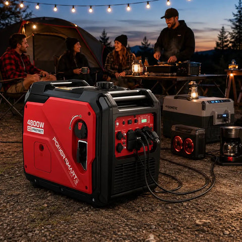 4800W Gas Portable Inverter Generator With Electric Start near campsite, evening lighting, powering outdoor appliances, social group setting