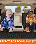 Child and dog sitting on Go To Dog Car Seat Cover For Backseat Waterproof Bench Protector For Cars Trucks And SUVs Non Slip