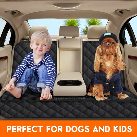 Child and dog sitting on Go To Dog Car Seat Cover For Backseat Waterproof Bench Protector For Cars Trucks And SUVs Non Slip