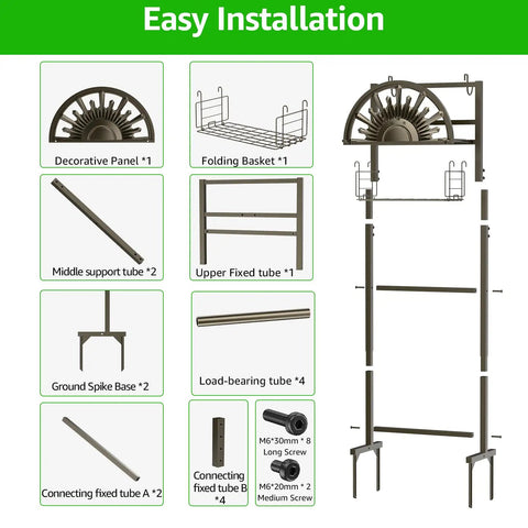 Assembly parts of a Freestanding Garden Hose Reel Stand With Storage Basket And Two Hooks, Holds 150 Ft Of 5/8 Inch Hose For Patio.