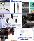 Tweezers sets, brushes, and 3D printer nozzle cleaning pin from All In One 262 PC 3D Printer Tool Set With Tool Bag For Removal Trimming