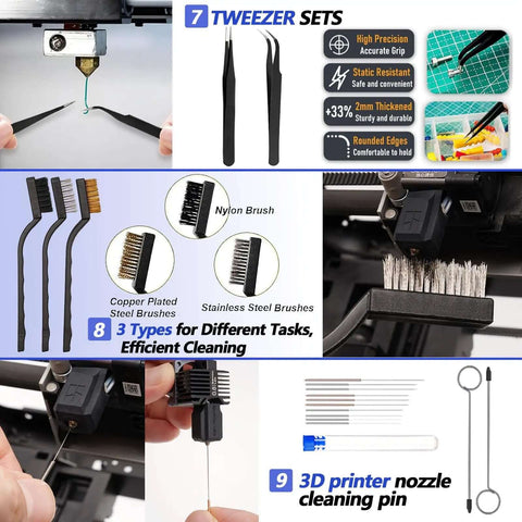 Tweezers sets, brushes, and 3D printer nozzle cleaning pin from All In One 262 PC 3D Printer Tool Set With Tool Bag For Removal Trimming