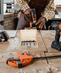 Top Shelf 5 Piece Forstner Drill Bit Set Woodworking Hinge Cutter Round Shank Multi Tooth Bits For Hardwood Softwood Plywood in use on workstation.