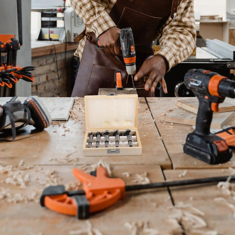 Top Shelf 5 Piece Forstner Drill Bit Set Woodworking Hinge Cutter Round Shank Multi Tooth Bits For Hardwood Softwood Plywood in use on workstation.