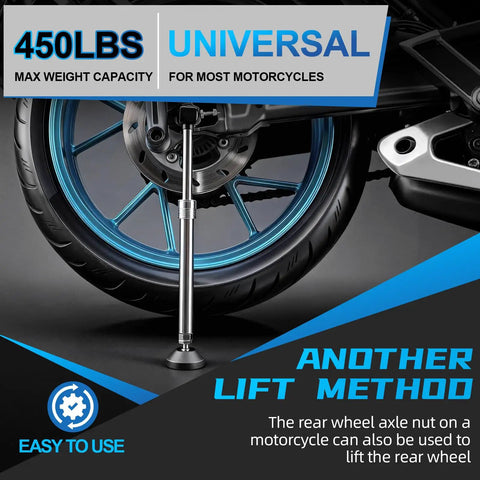 Portable Universal Motorcycle Wheel Lift Stand for Easy Tire and Chain Maintenance, visible lifting motorcycle wheel