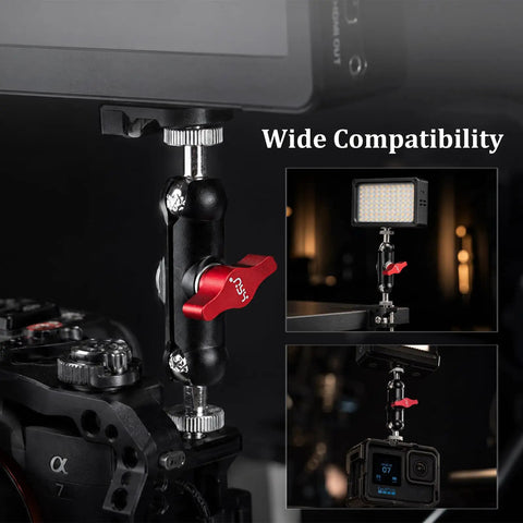 Dual Ball Head Magic Arm For Rock Solid Camera Gear With Universal One Quarter Inch Screws On Both Ends Fits DSLR And Mirrorless Cages Field Monitors LED Lights External Mics Action Cameras Phones Tripod And Gimbal Accessories, mounted on camera cage