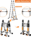 Pro Grade Telescoping A Frame Ladder 16.5 Foot With Dual Locks And Triangular Stabilizers, ANSI EN131 Safety Certified, 330 lbs Capacity, Wide Anti Slip Rungs, Reinforced Feet For Rock Solid Stability On Every Step. Ladder retraction steps with lock buttons