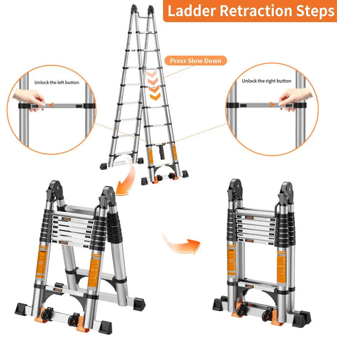 Pro Grade Telescoping A Frame Ladder 16.5 Foot With Dual Locks And Triangular Stabilizers, ANSI EN131 Safety Certified, 330 lbs Capacity, Wide Anti Slip Rungs, Reinforced Feet For Rock Solid Stability On Every Step. Ladder retraction steps with lock buttons
