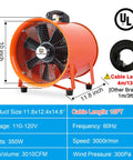 Beast 10 Inch Utility Blower With 3010 CFM, 350W Copper Motor, dimensions and specifications displayed, with duct hose
