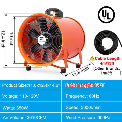 Beast 10 Inch Utility Blower With 3010 CFM, 350W Copper Motor, dimensions and specifications displayed, with duct hose