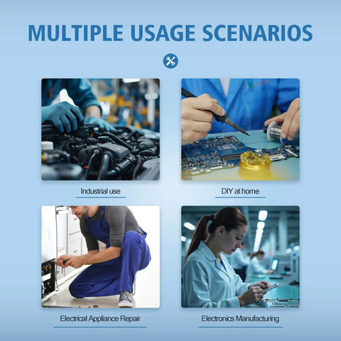 Image showing multiple usage scenarios: Industrial use, DIY at home, Electrical Appliance Repair, Electronics Manufacturing.