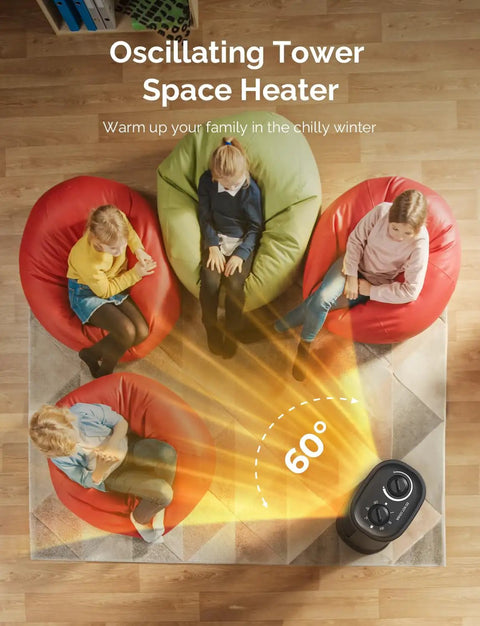 Two-Second 1500W Indoor Space Heater With PTC Ceramic Core, 60-degree oscillation showing heating effect on people