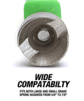 Close-up of drum brake spring tool showing end design and green contoured grip for easy removal and installation.