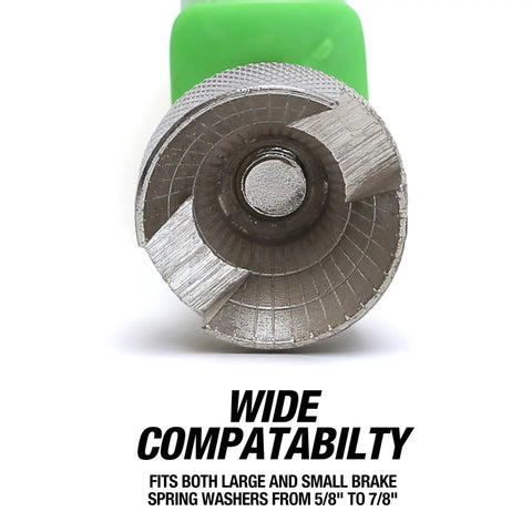 Close-up of drum brake spring tool showing end design and green contoured grip for easy removal and installation.
