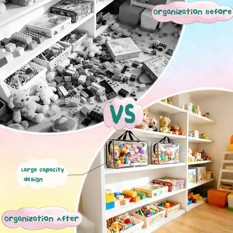 Before and after using 6 Pack Large Clear Toy Storage Bags With Double Zippers Travel Organizer Pouch Waterproof PVC With Handles