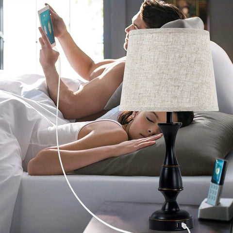 Table Lamps Set Of 2 With Touch Control And USB Ports, 3 Way Dimmable Bedside Lamps For Bedroom, Black Finish near couple in bed