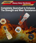 Heavy duty hardness threaded bolts and nuts showcased with flames, emphasizing strength and wear resistance.
